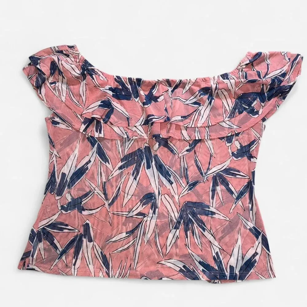 Haute Fox Pink Floral Ruffle Off-The-Shoulder Stretchy Mesh Top (Size 2XL) - Picture 5 of 5